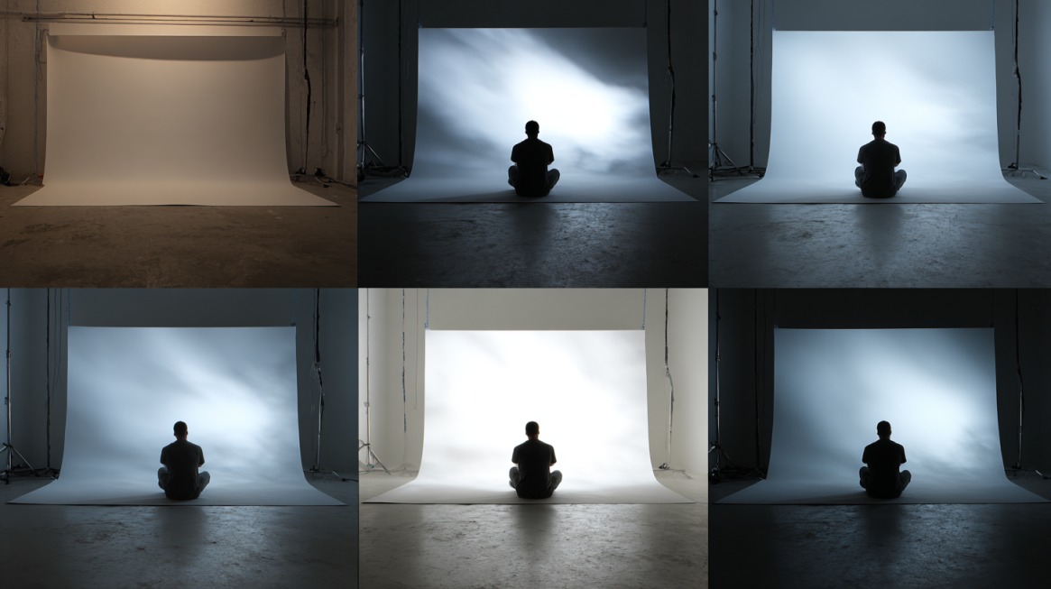 Collage showing a person seated in front of a white photography backdrop under different lighting setups, creating distinct visual effects