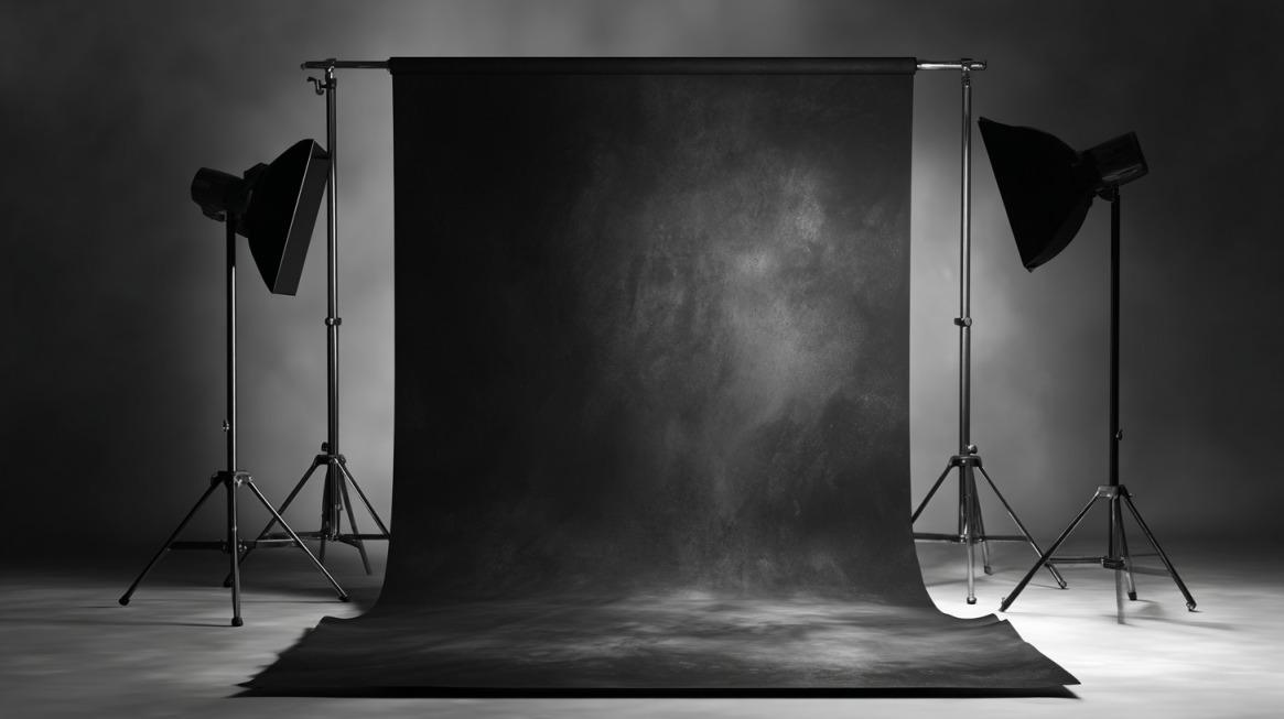 Black and gray photography backdrop with two studio lights positioned on each side